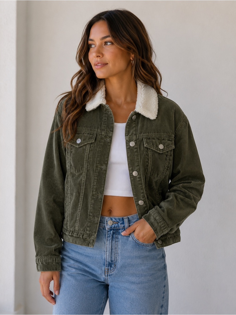 PacSun Olive Green Corduroy Sherpa Trucker Jacket size L